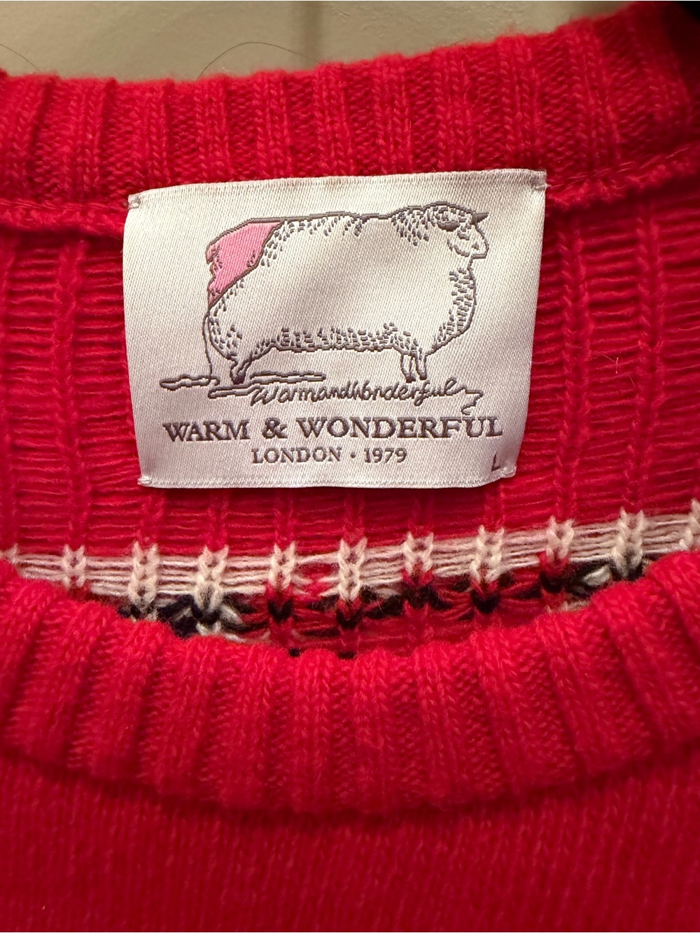 Warm & Wonderful 100% Wool Red Sheep Pattern Crewneck Sweater - Picture 3 of 8
